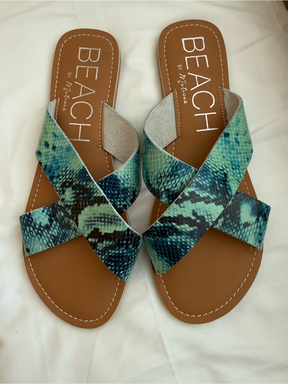 Teal Snake-Print Crisscross Slide Sandals